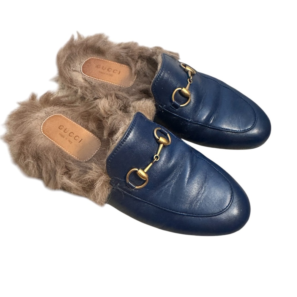 GUCCI Princetown Leather Navy Slide Loafers with Fur Size 6